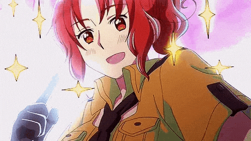 a girl with red hair and green eyes is holding a knife in her hand .