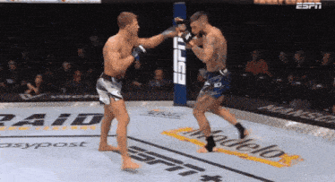 two men are fighting in a boxing ring with espn written on the corner