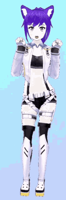 a girl with purple hair and a cat ear is wearing a white jacket