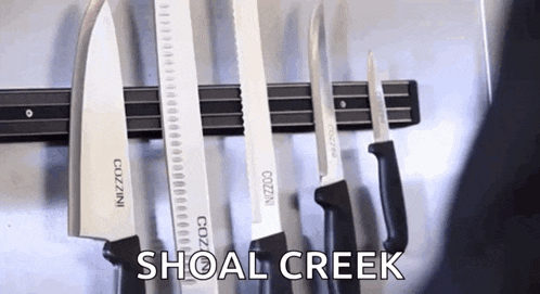 a row of knives on a magnetic knife rack with the words shoal creek above them .