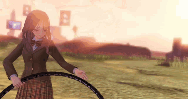 a girl in a plaid skirt is holding a hula hoop in her hands