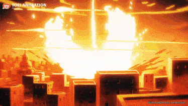 a cartoon of a city being destroyed by an explosion with the words toei animation at the bottom