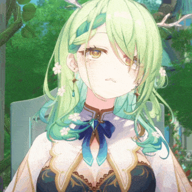 a girl with green hair and white flowers on her hair