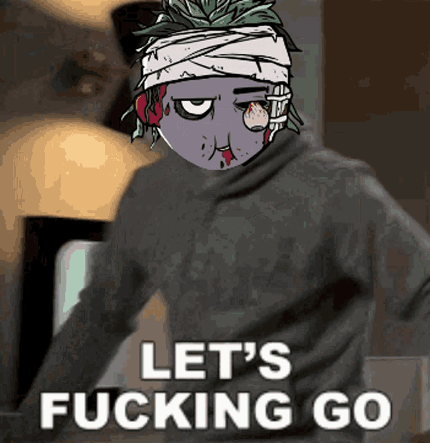 a cartoon character with a bandage on his head says " let 's fucking go "