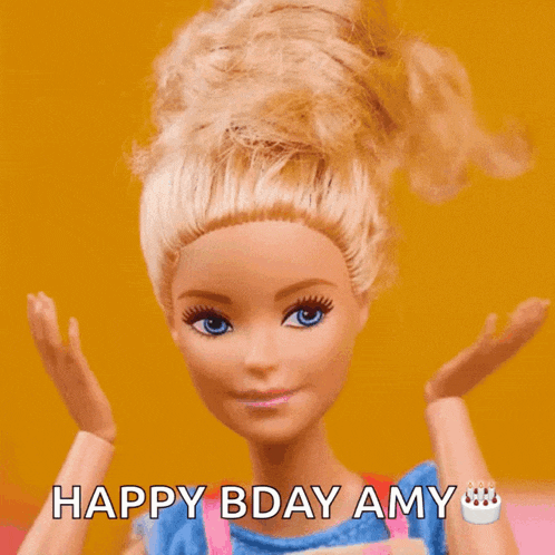 a barbie doll says " happy bday amy " in front of a yellow background