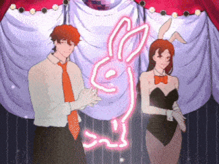 a man and a woman are dancing in front of a neon bunny
