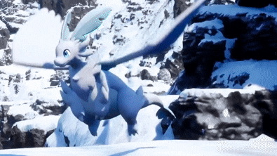 a white dragon with wings is flying over a snowy mountain .