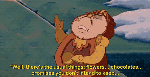 a cartoon character says well there 's the usual things flowers chocolates promises you do n't intend to keep