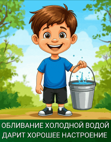 a boy in a blue shirt is holding a bucket of water and smiling