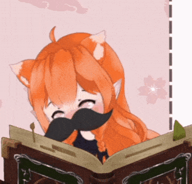 a girl with orange hair and ears is reading a book