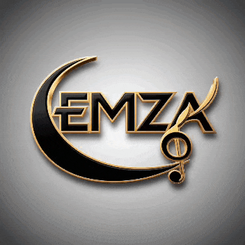 a black and gold emza logo with a crescent moon in the middle
