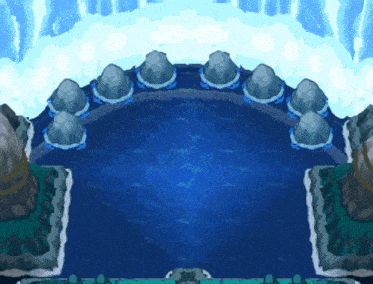 a drawing of a waterfall with a circle of rocks in the middle