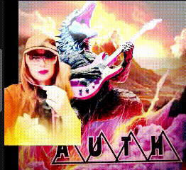 a woman is holding a guitar in front of a monster with the word avatar on the bottom right