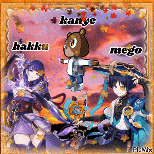 a picture of three anime characters with the words kanye hakku mego on the bottom