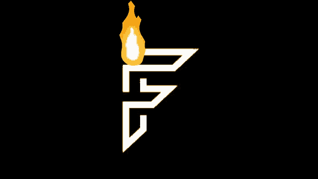 the letter f is on a black background with a fire coming out of it .