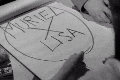 a black and white photo of a person writing the name muriel lisa