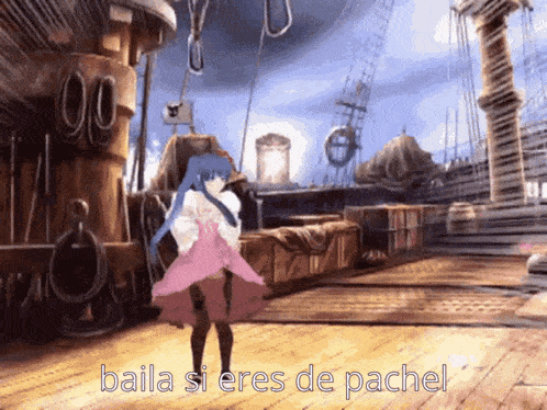 a girl in a pink dress is dancing on a wooden deck with the words baila si eres de pachel written on the bottom