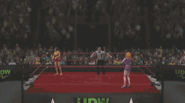 a referee is standing in a wrestling ring with two wrestlers in it