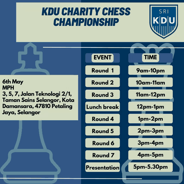 a poster for the kdu charity chess championship shows the schedule