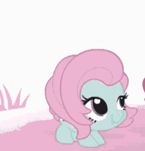 a cartoon pony with pink hair and a pink flower on its tail