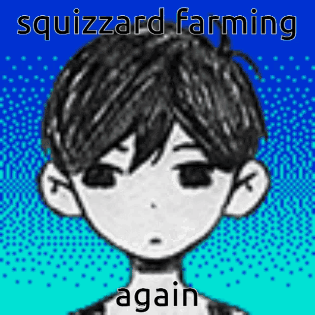 a black and white drawing of a boy with the words squizzard farming again above him