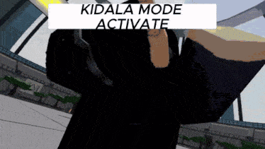 a person in a black suit is standing in front of a sign that says kidlala mode activate
