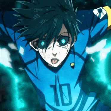 a boy with blue hair and a blue shirt with the number 10 on it