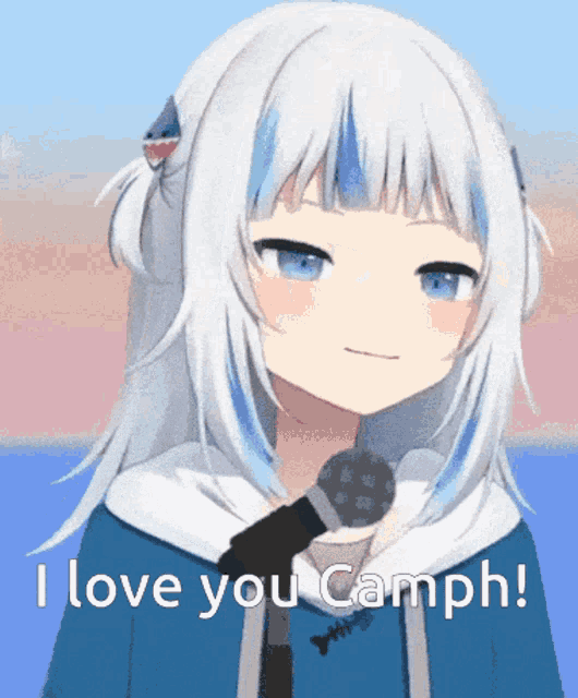 a girl holding a microphone with the words " i love you camph " on the bottom