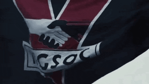 a black flag with a handshake and the word gsoc on it