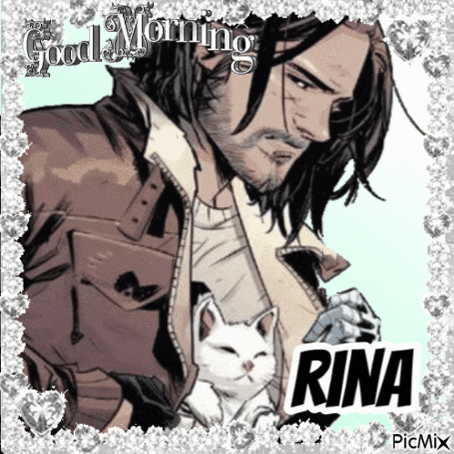 a man holding a white cat with the name rina on the bottom