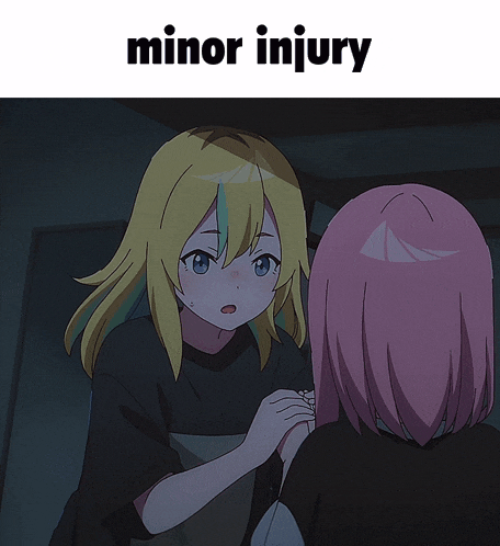 two anime girls are standing next to each other and the words minor injury are above them