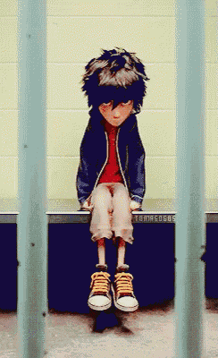 a cartoon character is sitting on a bench behind a fence with the word tomagogos written on it