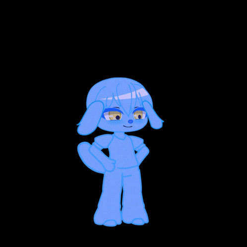 a blue cartoon character with yellow eyes is standing with his hands on his hips