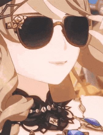 a close up of a anime character wearing sunglasses and a necklace .