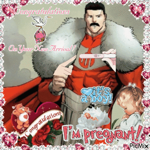 a congratulations on your new arrival greeting card with a man holding a pregnancy test