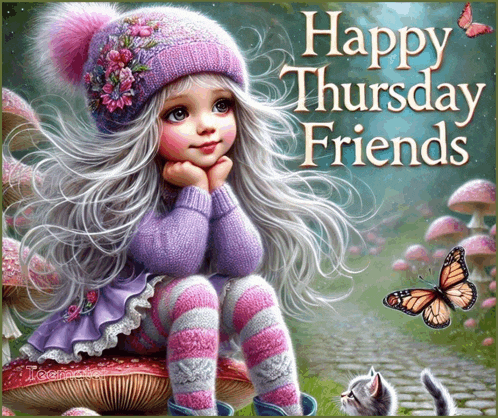 a painting of a little girl sitting on a mushroom with the words happy thursday friends