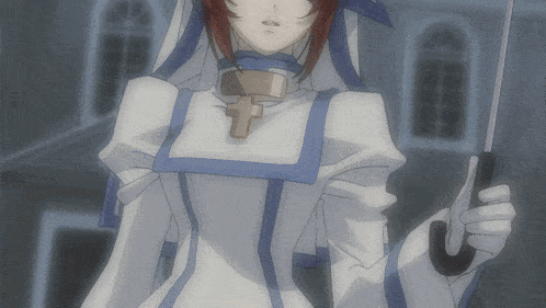a girl with a cross around her neck holding an umbrella