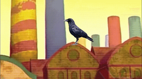a black bird is perched on top of a building in front of a factory