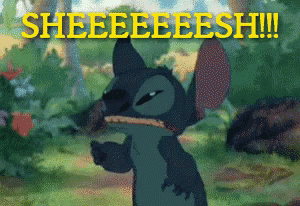 a cartoon of stitch with the words sheeeeeesh !!! behind him