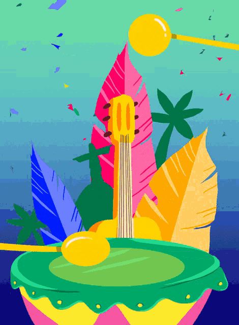 a colorful illustration of a drum with feathers and a guitar in the background