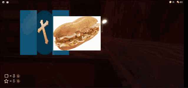 a picture of a sub sandwich with a cross behind it