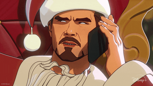 a cartoon of a man wearing a santa hat talking on a cellphone