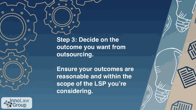 a blue background with gears and a light bulb and the words " step 3 decide on the outcome you want from outsourcing "