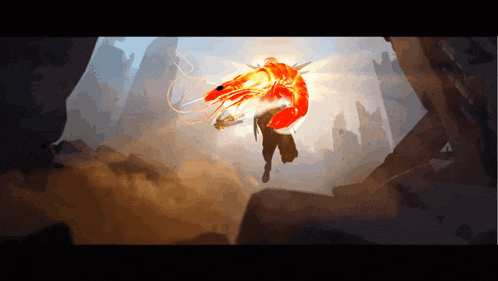 a painting of a shrimp flying over a man in a cave