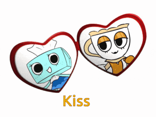 a couple of hearts with cartoon characters on them and the word kiss below them