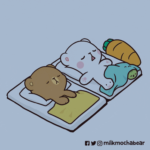 a cartoon drawing of two teddy bears laying on a bed