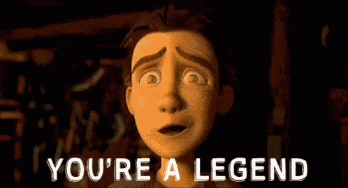 a cartoon character says " you 're a legend " in a dark room
