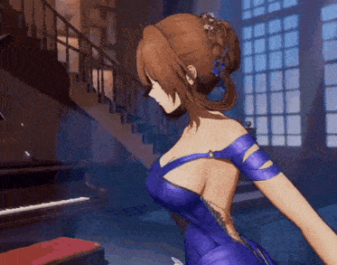 a woman in a blue dress is standing in front of a piano in a room .