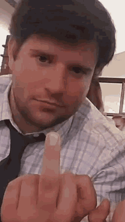 a man in a plaid shirt and tie is giving the middle finger to the camera .