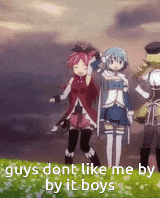 a group of anime girls standing next to each other with the words guys dont like me by it boys